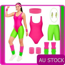 Ladies 80s Aerobics Costume 1980s Disco Retro Gym Neon Physical Fitness Work Out