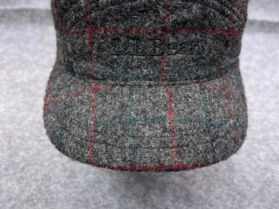 LL Bean Trapper Hat Cap Fitted Adult Medium Gray Red Plaid Ear Flap Wool Blend - Image 3 of 4