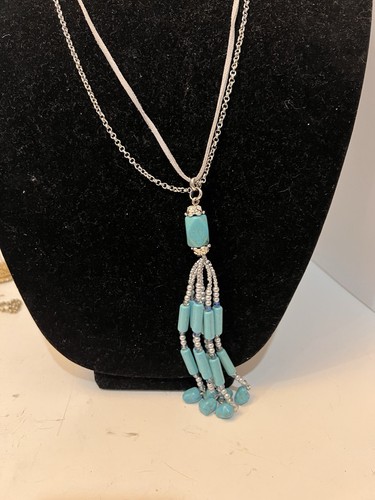 TS Designer Signed Runway Turquoise Bead Silver Tone Couture Necklace Vntg Set - Picture 7 of 10