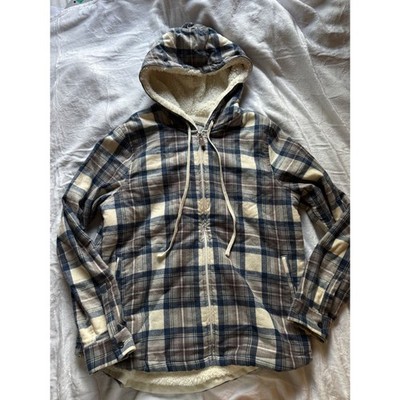 L.L.Bean Womens M Plaid Sherpa Fleece Lined Hooded Jacket Relaxed Fit