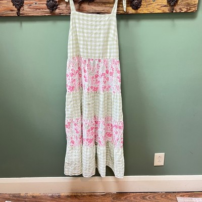 Rachel Zoe Women Green Gingham Pink Floral Tiered Maxi Dress Size 10 Tie Strap