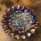 ANTIQUE NORTHWOOD STRAWBERRY CARNIVAL GLASS RUFFLED BOWL - AMETHYST 9"