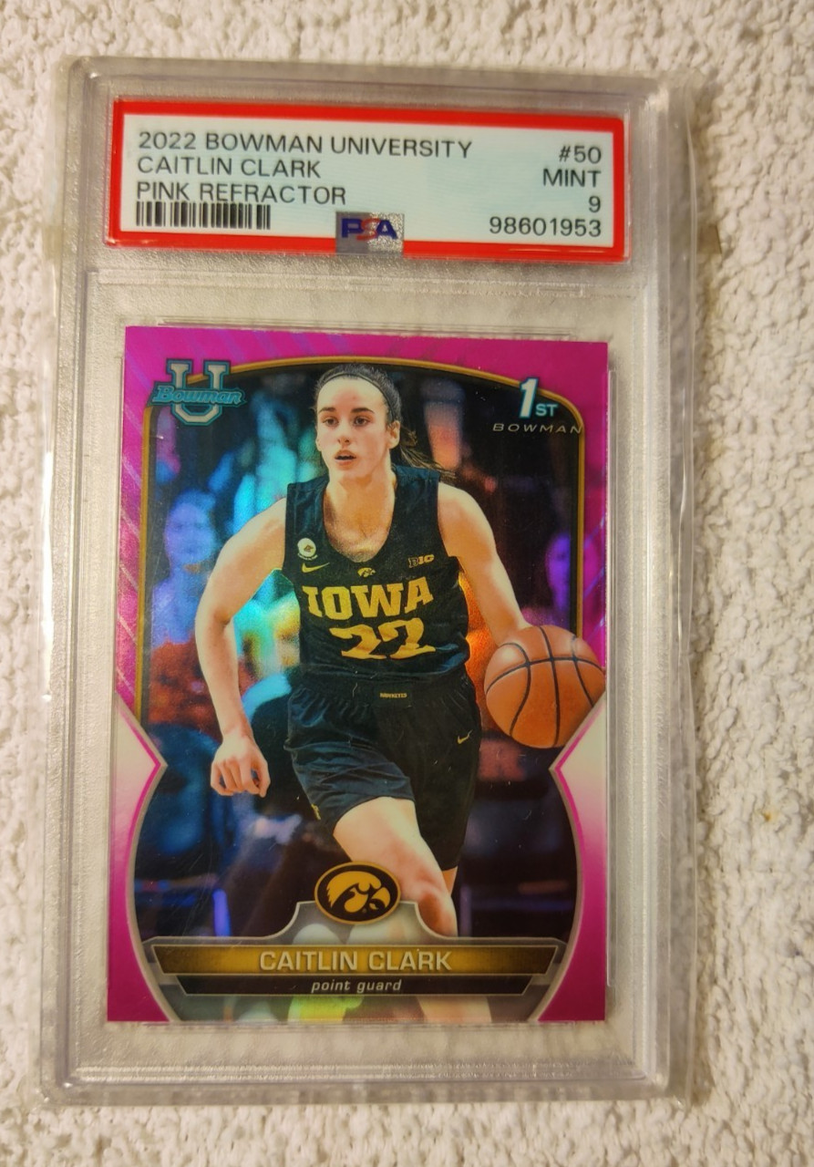 2022 Bowman University #50 Caitlin.Clark / Pink Refractor PSA MNT 9 view 1