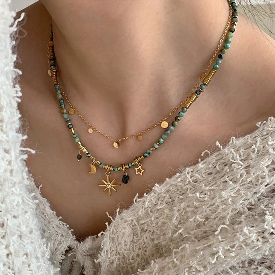 Vintage Bohemian Stone Bead Necklace for Women | Star Pendant Layered Jewelry