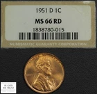 1951 D Red Lincoln Wheat Copper Cent 1C (Cracked Out) Ex-NGC MS 66 RD