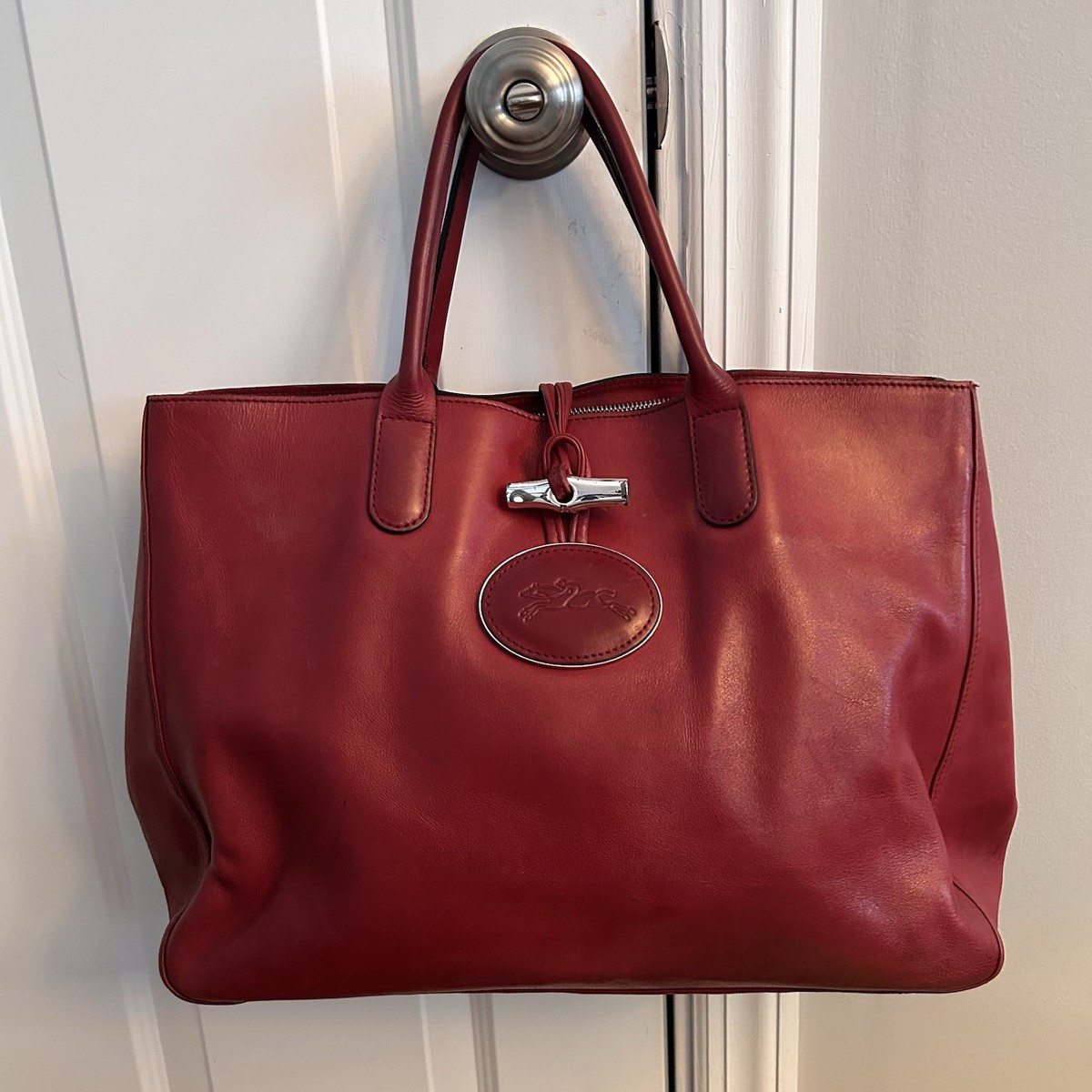Longchamp Roseau Heritage Red Leather Large Tote Satchel Bag Purse