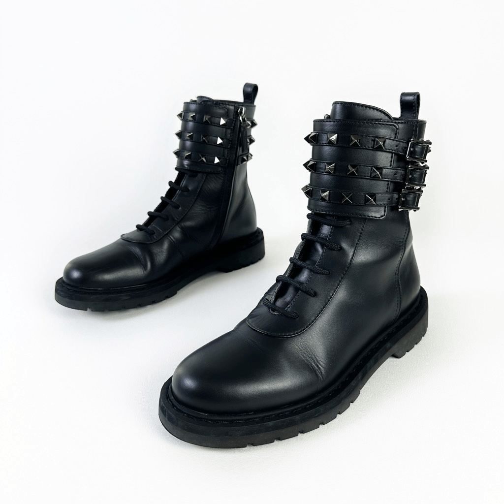 SAOLA Stivali da combattimento VALENTINO in pelle nera Rockstud 38 stringati biker moto suola a strappo 20 mm