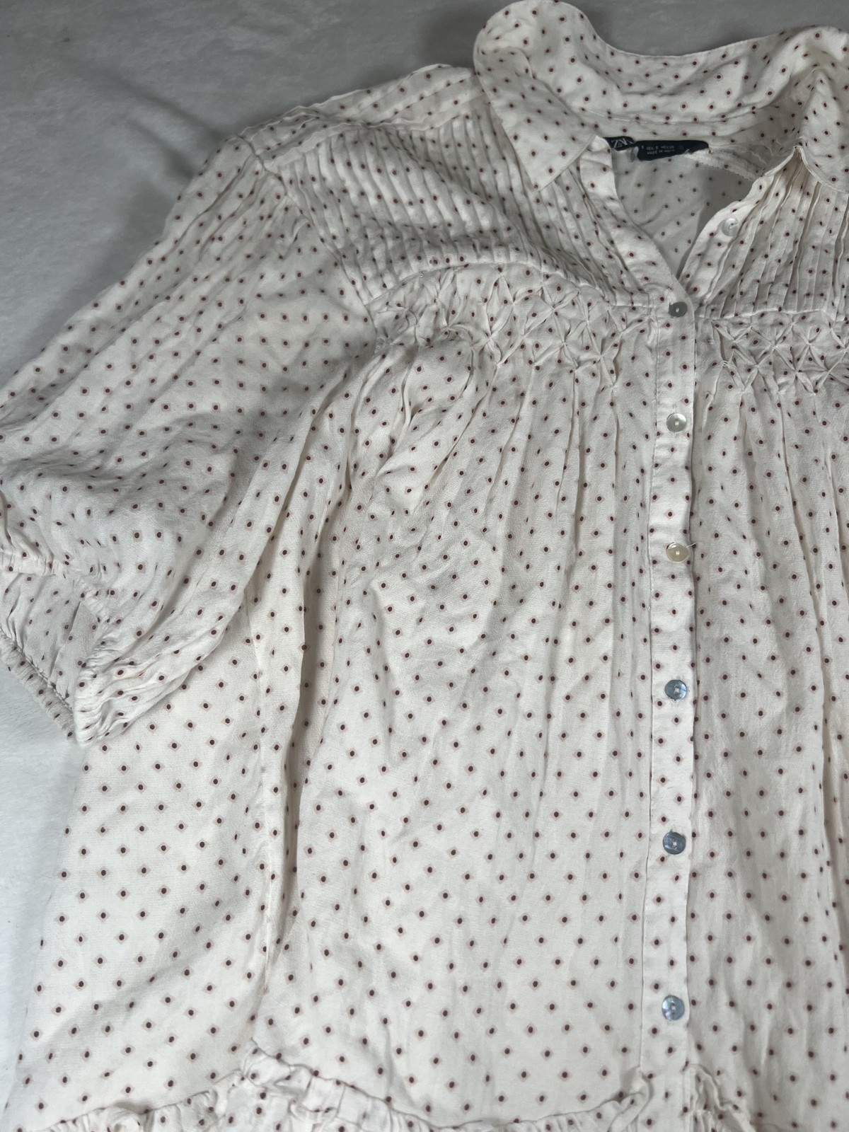 Zara Shirt Womens Small White Polka Dot Ruffle Button Up 3/4 Sleeve Tunic Top thumbnail 2