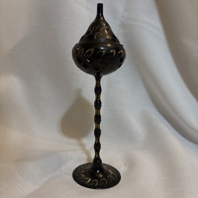 Tall Vintage Embossed Black Brass Incense Burner 8'' Tall