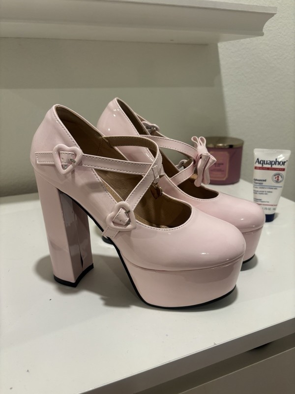 pink coquette platform heels w/ bows and heart straps US size 7