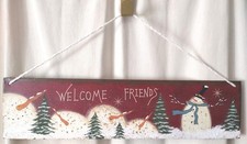 Rustic "Welcome Friends" Snowman Themed Hand Painted Metal Hanging Sign BRC