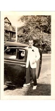 ~1950s Man in Tuxedo Beside Auto Silver Gelatin Photo Formal Wear & Style