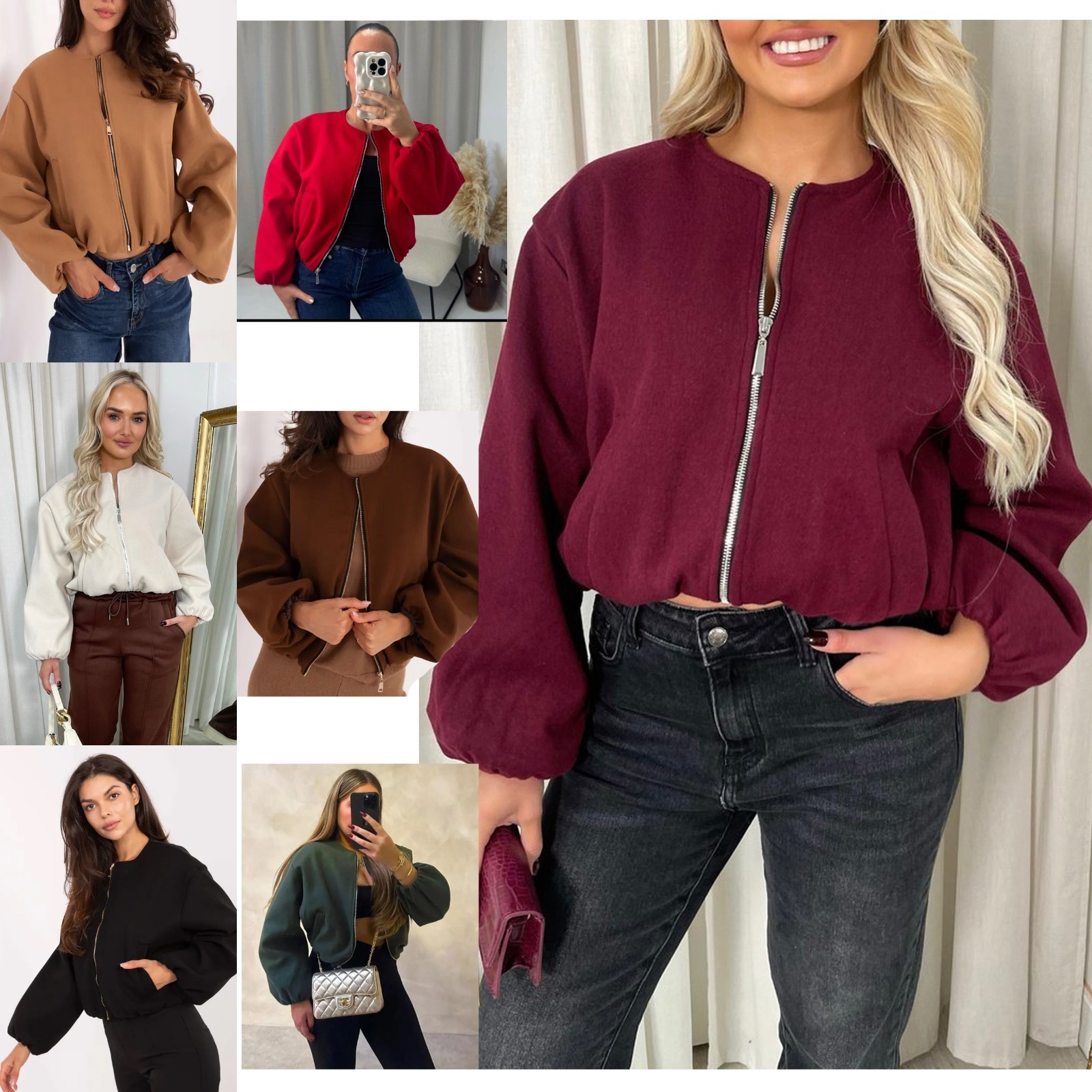 Womens Italian Balloon Sleeve Bomber Jacket Ruched Arm Zip Up with Pockets