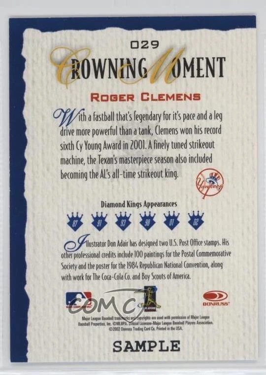 2002 Donruss Diamond Kings Sample Gold Roger Clemens #029 - Image 2 of 2