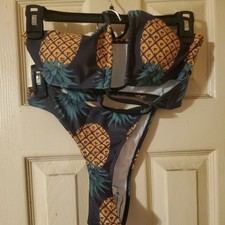 Women  s XS Pineapple Triangle Halter Bikini 2pc Tie Straps Black/Orange/Green