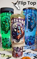Nightmare Jack & Sally 40oz Tumbler - Stainless Steel - GLOW IN THE DARK -