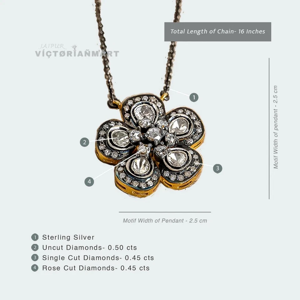 Collar Colgante Floral Diamante Sin Cortar Plata 925 Polki Rosa Corte Diamantes Foto 2 de 3