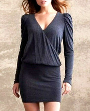Bailey 44 Sophia Stretch Knit Puff Sleeve Sweater Mini Dress Gray Charcoal XS
