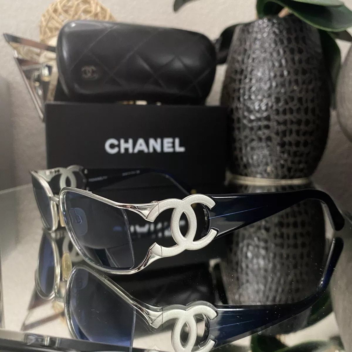 Chanel - Black Oversized Square Sunglasses w/ Faux Pearls