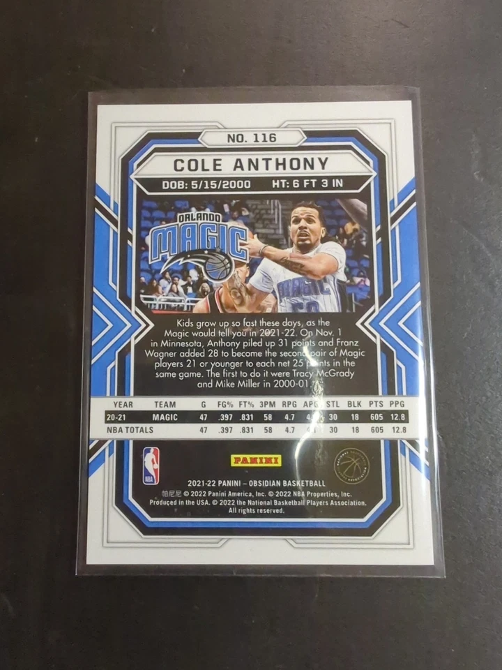 🏀 2021-22 Obsidian COLE ANTHONY #116 Orlando Magic - Image 2 of 2