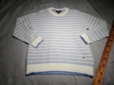 E LAND Sweater Womens Size Large 165 88A Blue Ivory Metallic Gold Knit Top