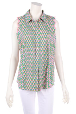 TALBOTS ärmellose Hemd-Bluse Print Muschelsaum UK 10 = D 34 rosa
