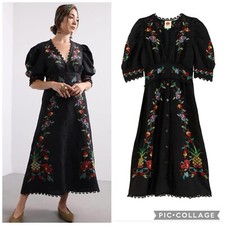 FARM Rio Dress NWT Cross Stitch Embroidery Dress Puff Sleeve in Black XS