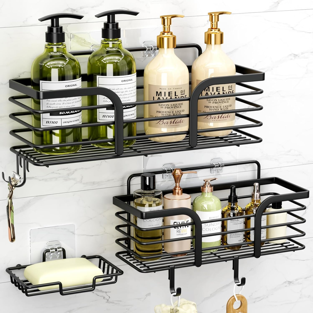 Shower Caddy, Adhesive Shower Organizer with Soap Dish and 4 Hooks, Rustproof St