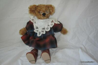 OOAK Hand Made 16'' Granny Bear W Glasses Dress Lace Collar and Boots
