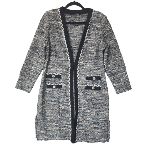 Misook Womens Black Teal Eyelash Tweed Knit Duster One Hook Cardigan Size Medium - Picture 2 of 11