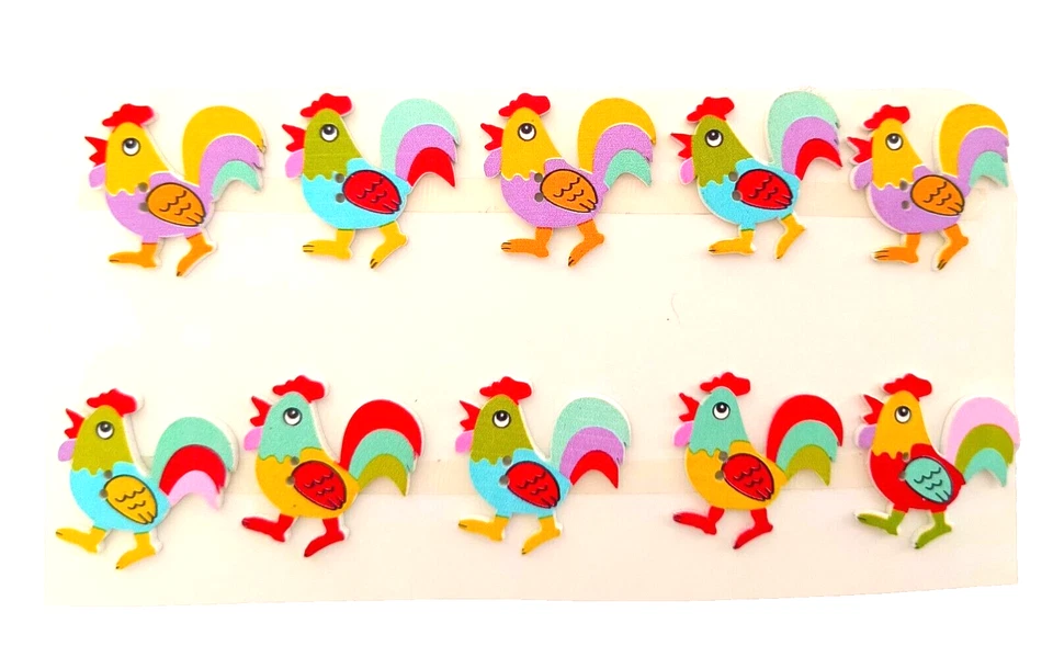 NEW 10 Rooster Buttons Mixed Lot Flat 1" Very Colorful 2 Holes Sewing Crafting - Image 3 of 4