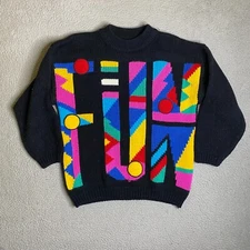 Currants By Jeri-Jo Sweater Womens Medium FUN Knit Black Vintage 90s Colorful