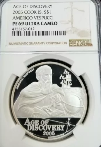 2005 COOK ISLANDS SILVER $1 AMERIGO VESPUCCI NGC PF 69 ULTRA CAMEO