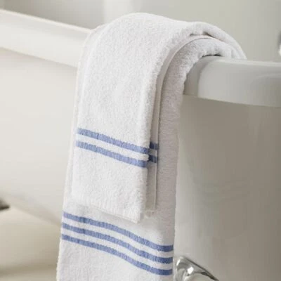 VISION ESSENTIALS White Hotel Spa Gym Quality Leisure Hand, Bath Towel & Bath Sheet Blue Bars