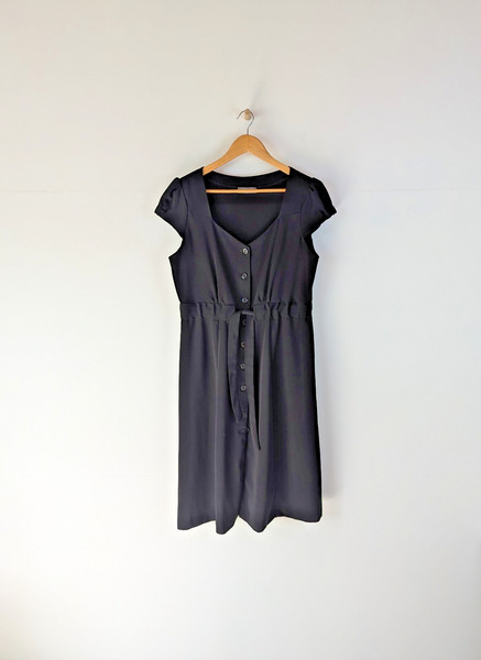 JACQUI E Womens Dress Sz 14 Black Short Cap Sleeve Button Front Tie Waist Work