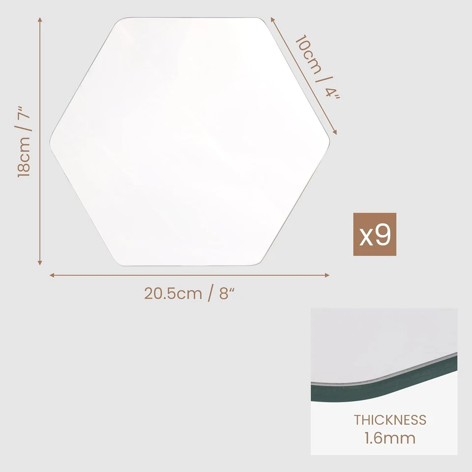 Hexagon Mirror Glass Tiles - 20.5 x 18cm/8 x 7 Inches - Stick On Wall (9 Pack) - Image 2 of 4