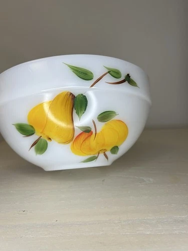 Fire-King Anchor Hocking 8” Hand Painted Fruit Mixing Bowl Milk Glass Vintage