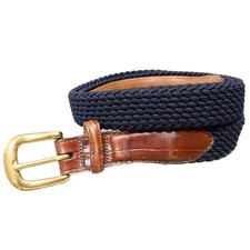 Brighton Woven Stretch Belt Mens 42 Navy Blue Croc Trim Brass Buckle Vintage