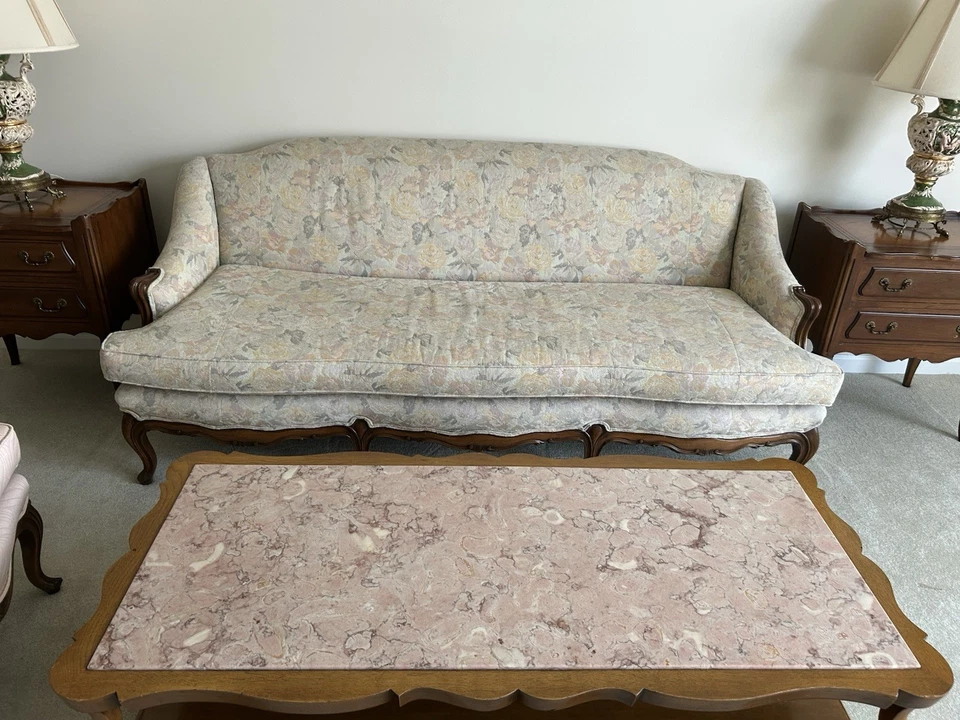 减少美丽复古法国省级沙发 Cabriole 后粉彩织物 80 — 第 2/4 张图片