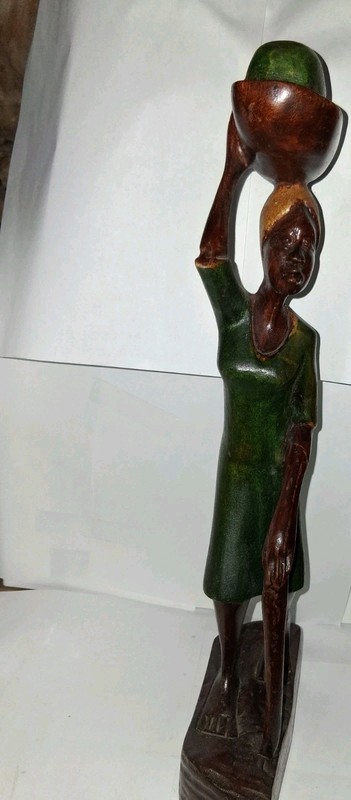 Hand Carved Wood Woman Figurine  Carrying Basket. 