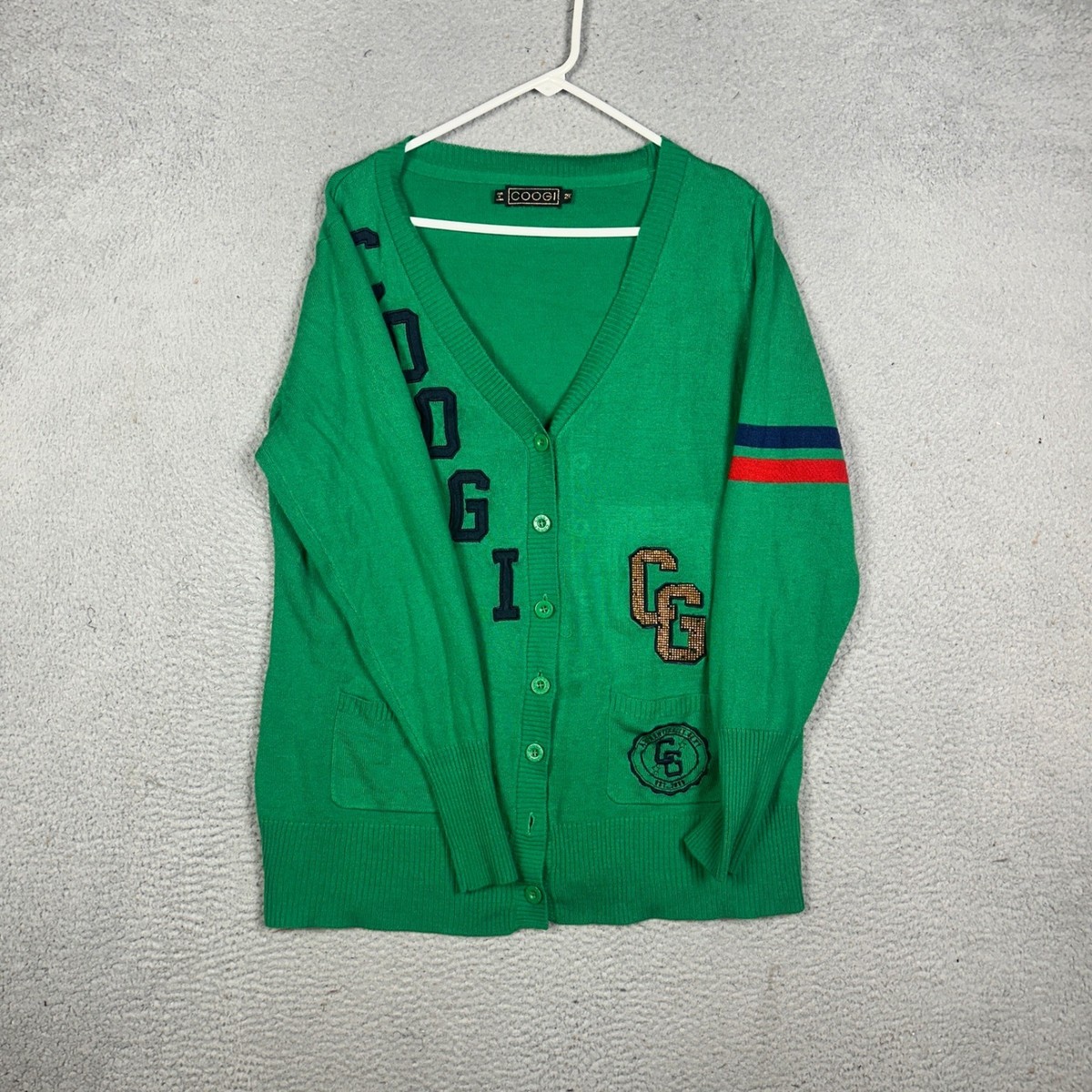 Coogi Mens Green Graphic Cardigan Sweater Varsity Letterman