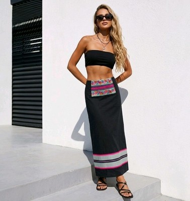 Promod Boho Embroidered Maxi Skirt Black Pink Festival Y2K Ibiza Size 6 Vacation