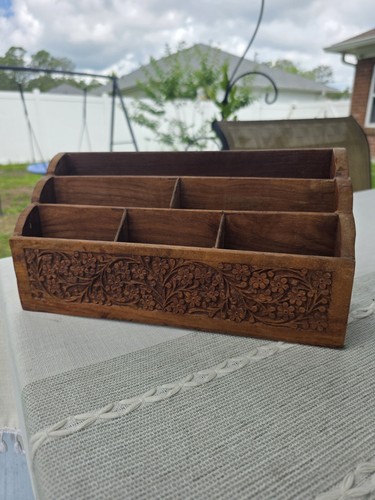 VTG Hand Carved Wood DeskOrganizer Letter Holder Mail Sorter 6 Slot 12"