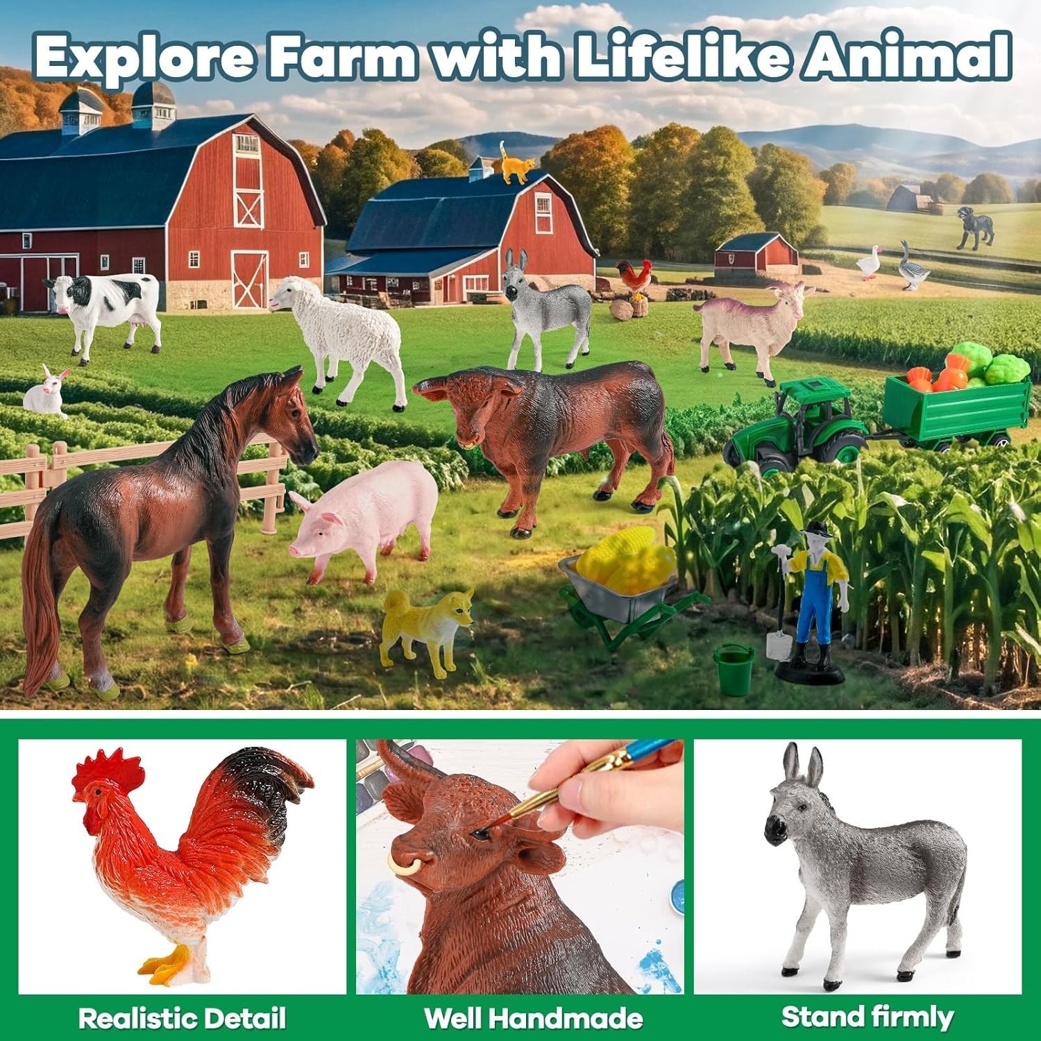 Large Play Mat with Farm Animal Toys Farm Truck Worker Figures Toy for Toddlers