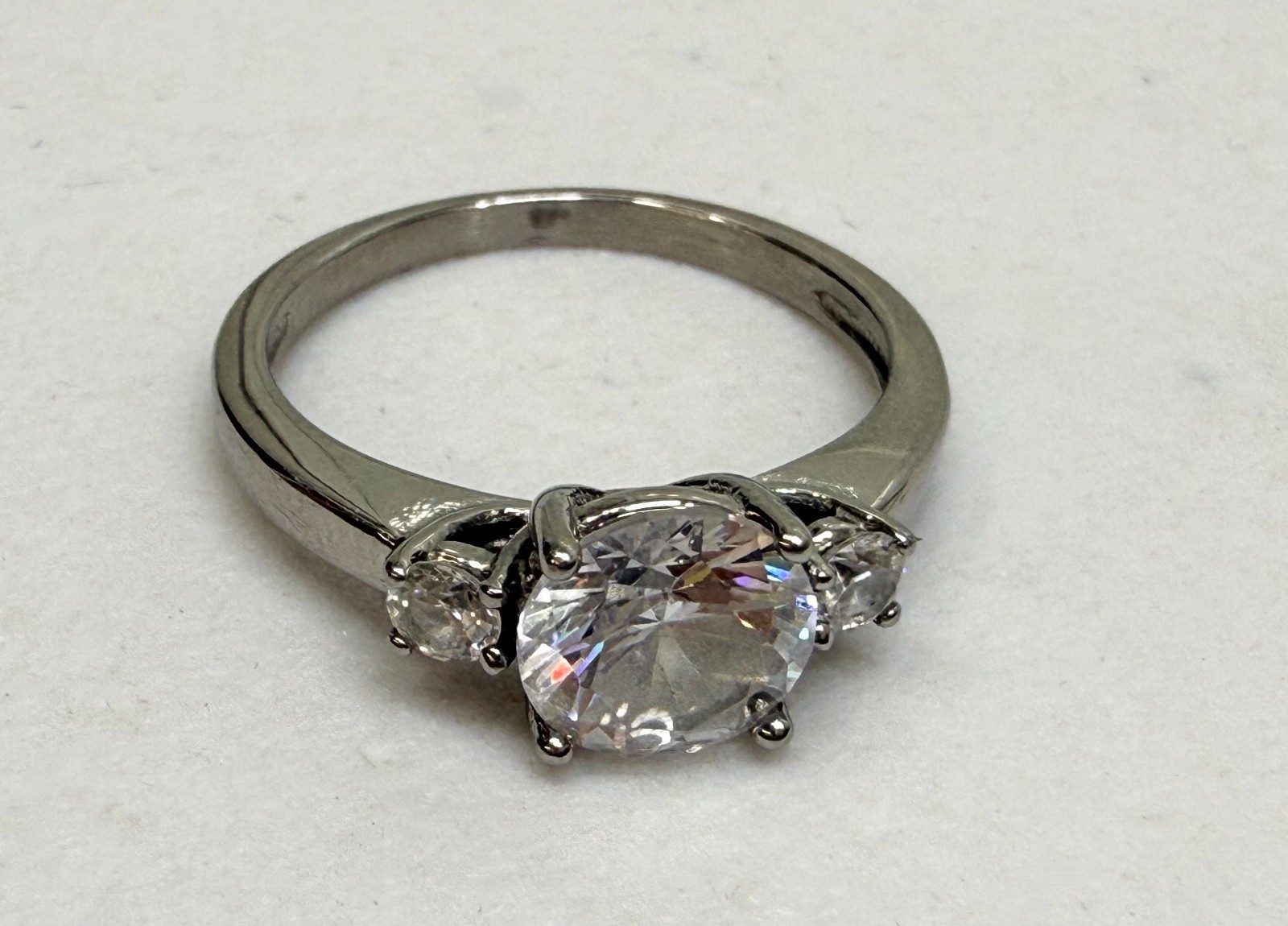 Vintage Statement Ring Three Stone Silver Tone CZ… - image 9