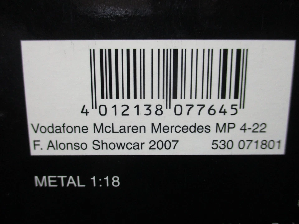 1:18 Scale Fernando Alonso 2007 McLaren Mercedes MP4-22 F1 Showcar Minichamps - Image 4 of 4