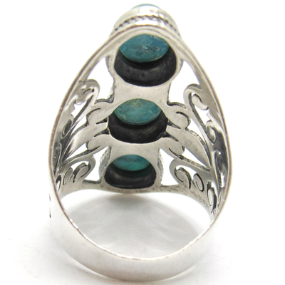 VINTAGE STERLING SILVER 925 INDIA VERTICAL TURQUOISE THREE STONE 