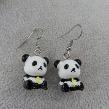 PANDA Dangle Earrings Silver Tone Black White Bear Cute Eating Novelty Gift New