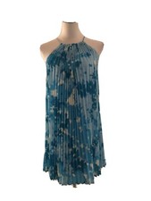 CALVIN KLEIN Blue White Abstract Floral Pleated Spaghetti Strap Dress Size 4