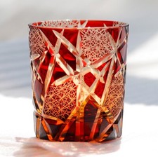 Whisky Glass Tumbler Japanese Style Edo Kiriko Glass Hand Cut To Clear 9oz Red